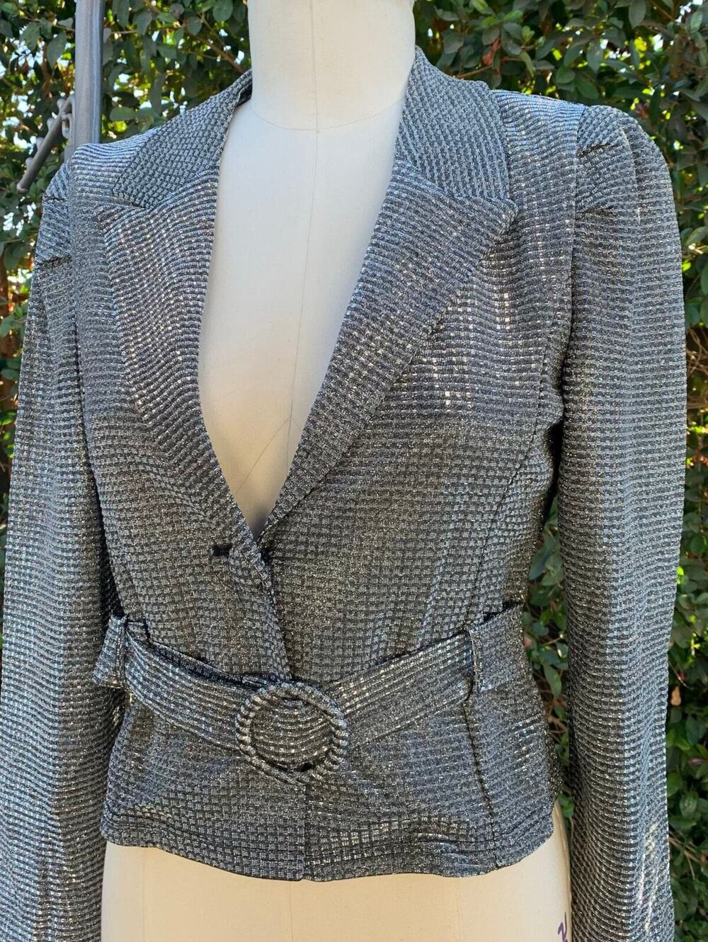 Haute Monde Silver Glitter Cropped Belted Blazer Sequins Jacket Women’s Medium